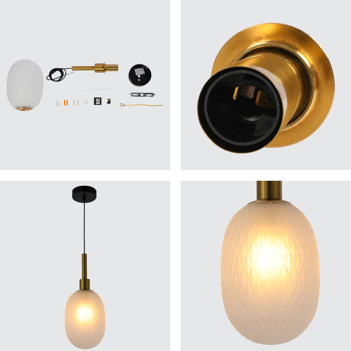 Крупный план овального подвесного светильника с золотыми деталями, идеально подходит для современных интерьеров.