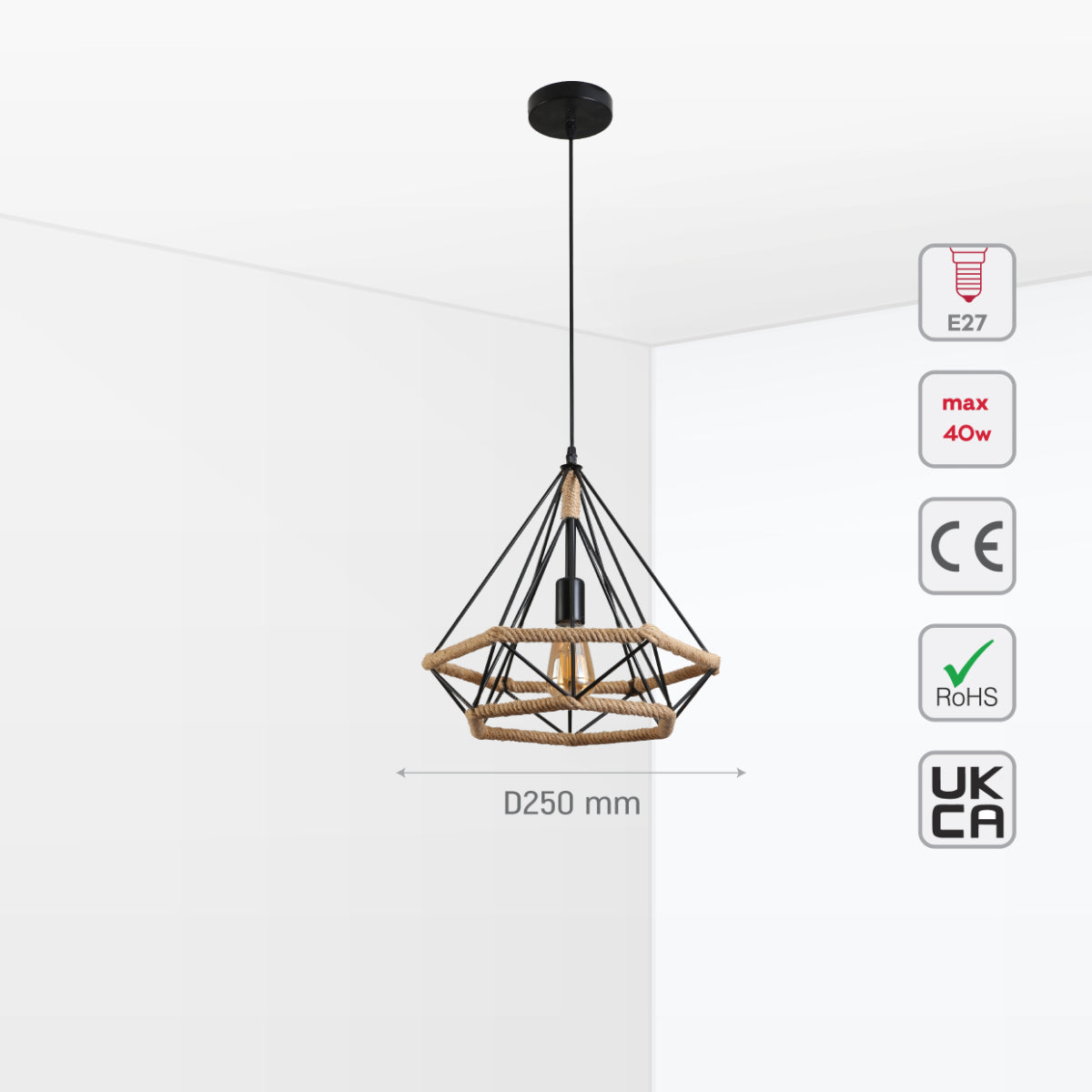 Основное изображение черной подвесной лампы из манильского джута в форме ромба, идеально подходящей для интерьера в стиле рустик.