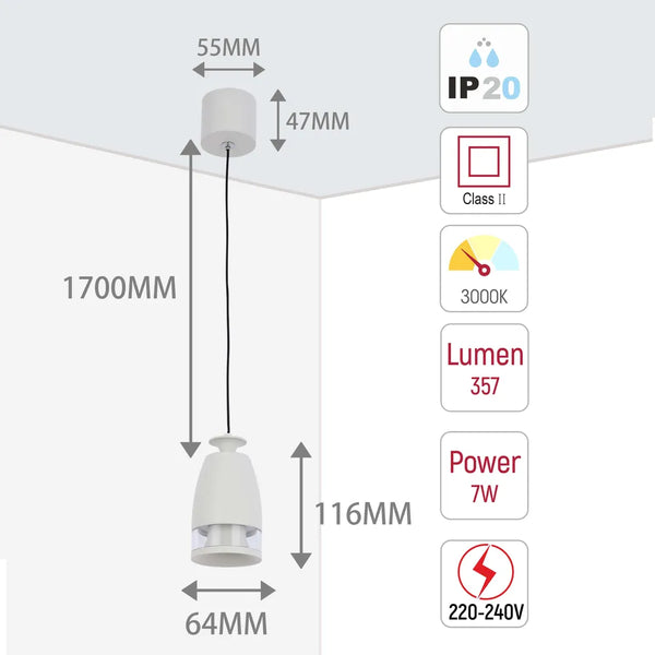 Size and technical specs of the Sentinel LED Pendant Downlight with Polycarbonate Ring Diffuser 7W Warm White-150-19078