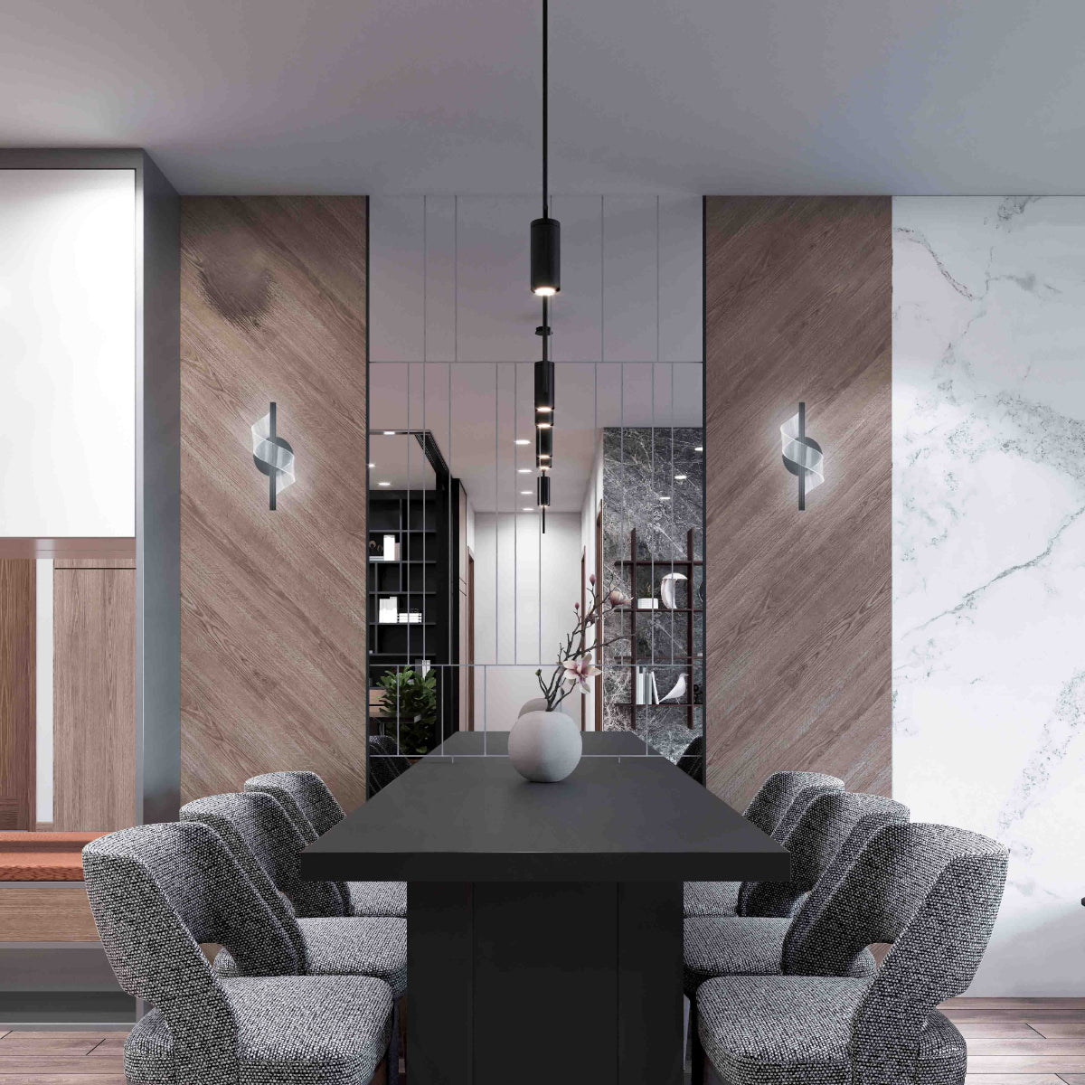 Современный светильник в виде спирали из хромированного металла, идеален для гостиной или спальни с минималистским дизайном.