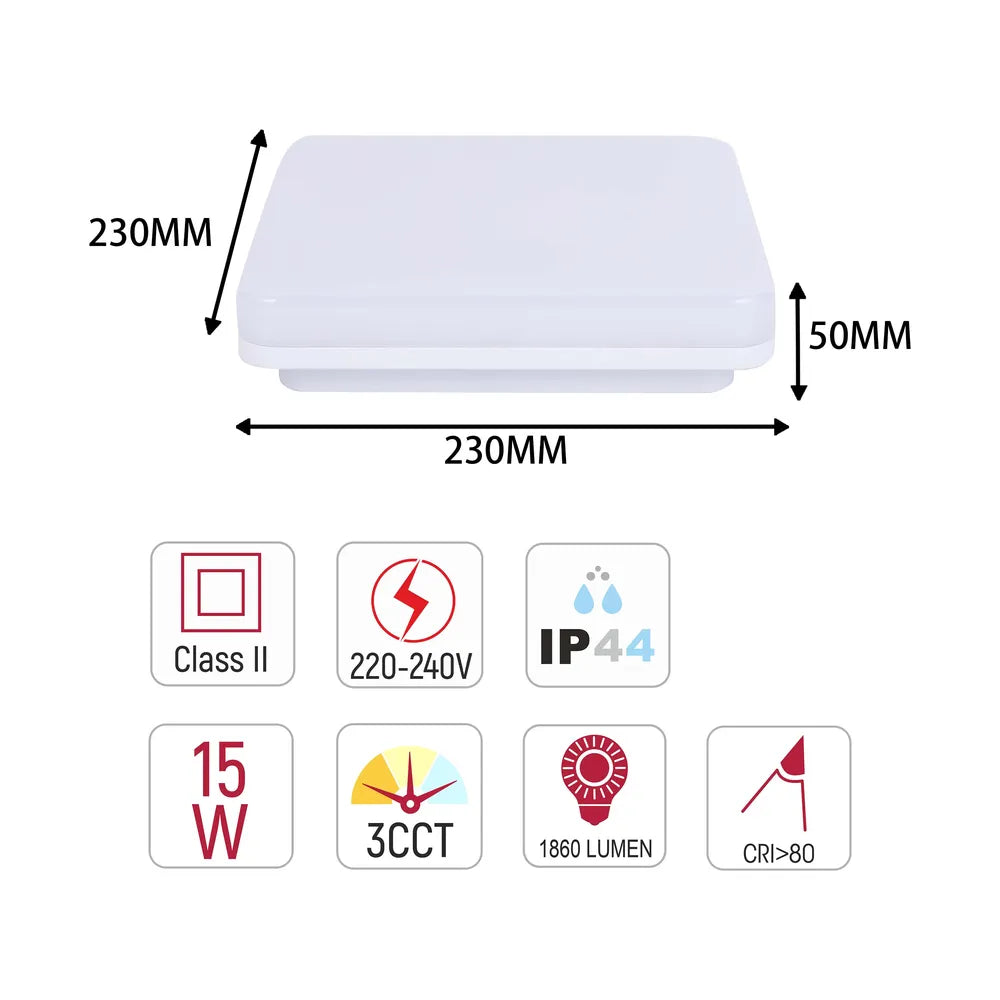 Size and technical specs of the Svet-k LED NIKA SQUARE 15W 3CCT IP44 (TEKLED)-118-033891