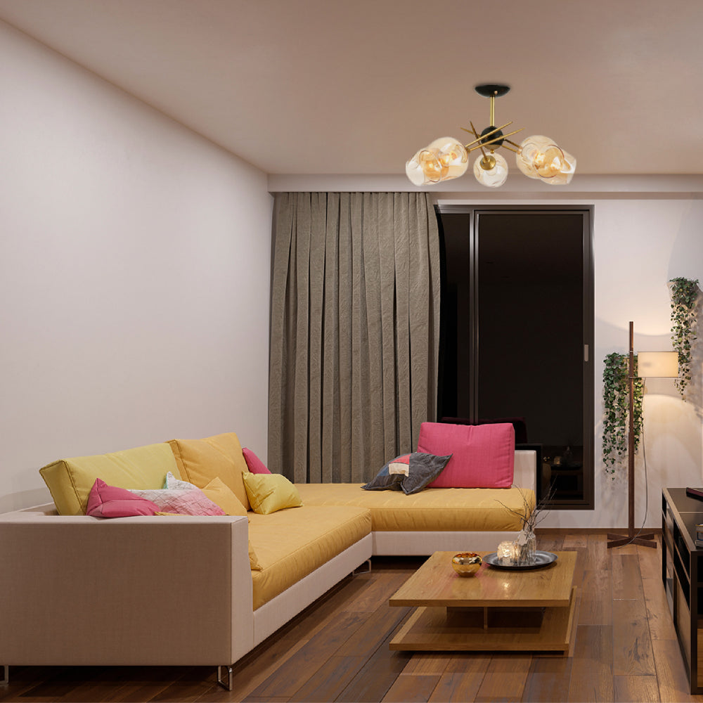 Семифлюшный потолочный светильник с янтарным стеклом, идеально подходящий для гостиных в современном стиле.