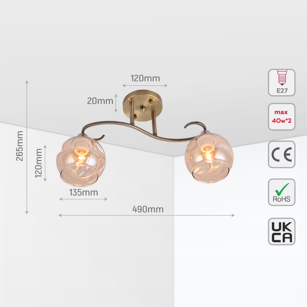 Основное изображение светильника в форме S с димплированным янтарным стеклом, идеального для гостиных в винтажном стиле.
