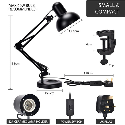 Технические характеристики черной настольной лампы с зажимом, идеально подходящей для офисов в современном стиле.