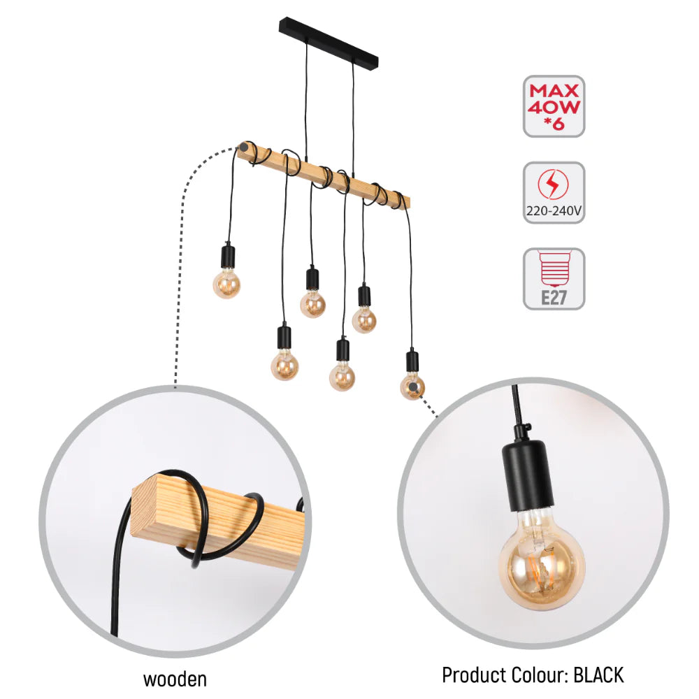 Contemporary multi-bulb pendant light with warm Edison-style bulbs and black & wood finish. Creates a cosy, inviting ambience.