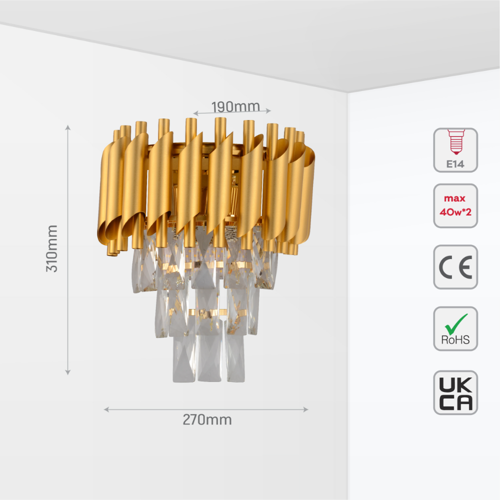 Трехуровневая настенная светильник из кристаллов в черном и золотом, идеально подходит для современных интерьеров в гостиной или спальне.