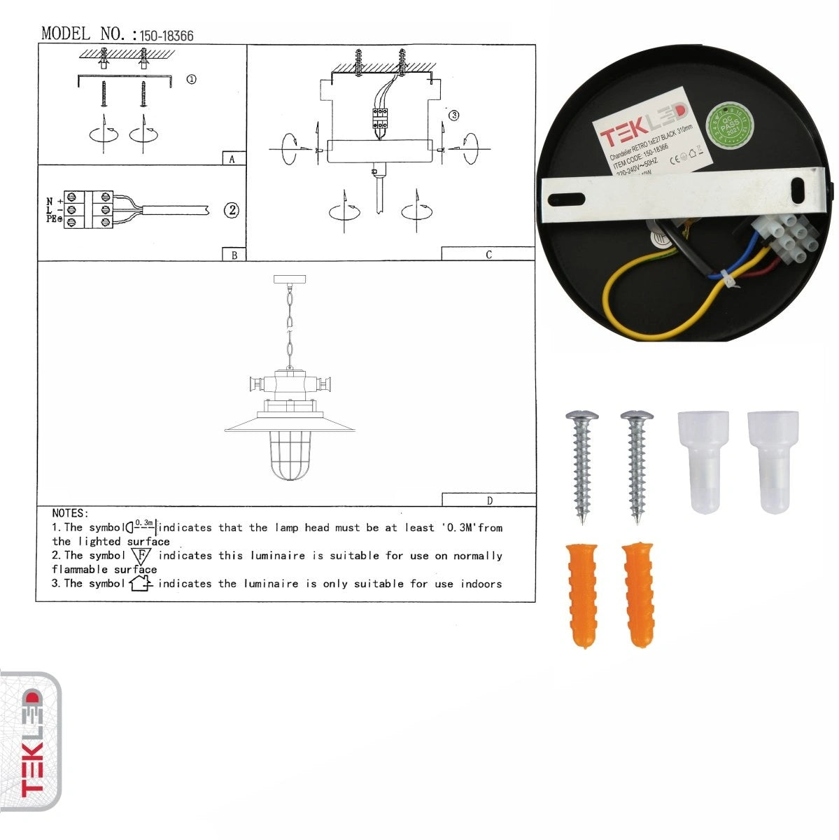 Техническое руководство к потолочному подвесному светильнику в индустриальном стиле с черной металлической cage и стеклянным абажуром.