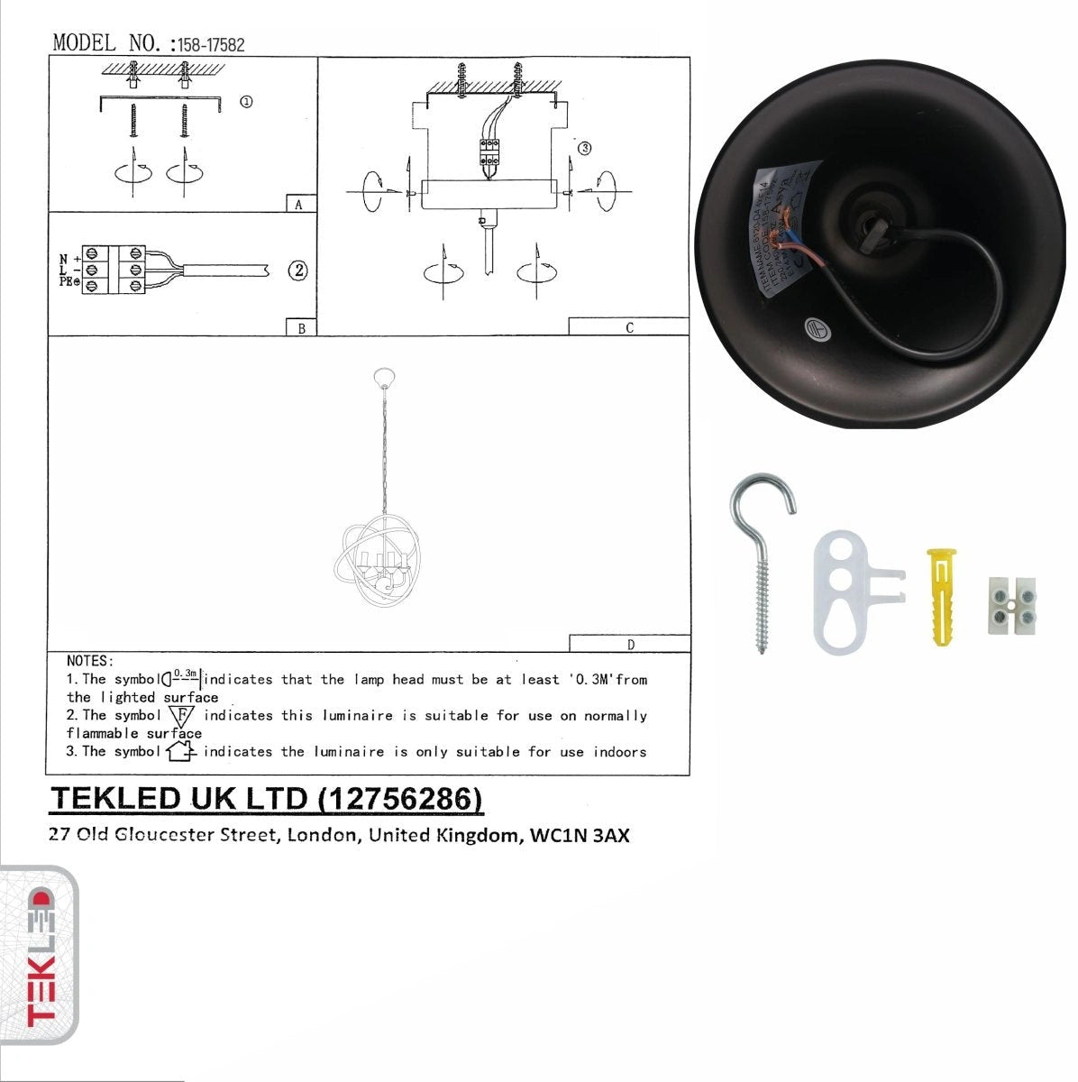 Техническое руководство черной подвесной лампы с 3 кругами, показывающее инструкцию по установке и размеры.