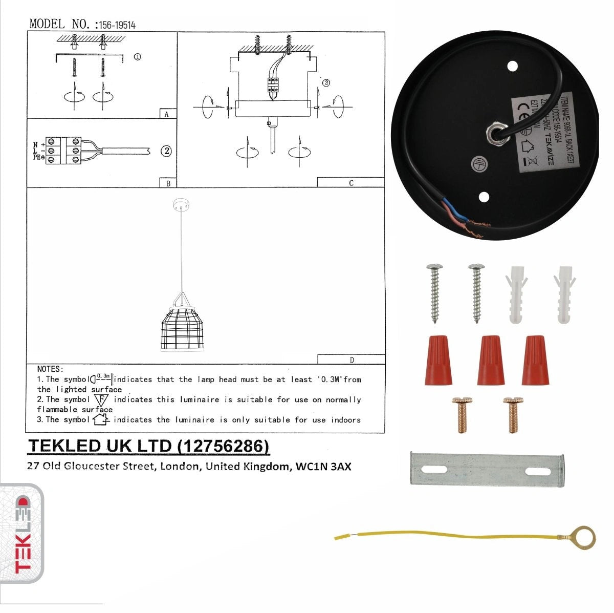 Техническое руководство по подвесному светильнику в черной металлической решетке с сокетом E27 и инструкциями по установке.