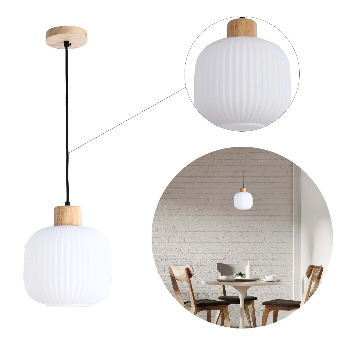 Pendant light with white shade and wooden accents, shown on its own and in situ above a dining table.