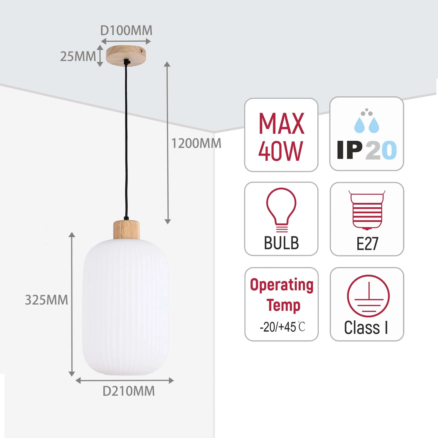 A stylish pendant light with a wooden ceiling rose and bulb holder. The lamp has a ridged, opaque glass shade. Dimensions included.