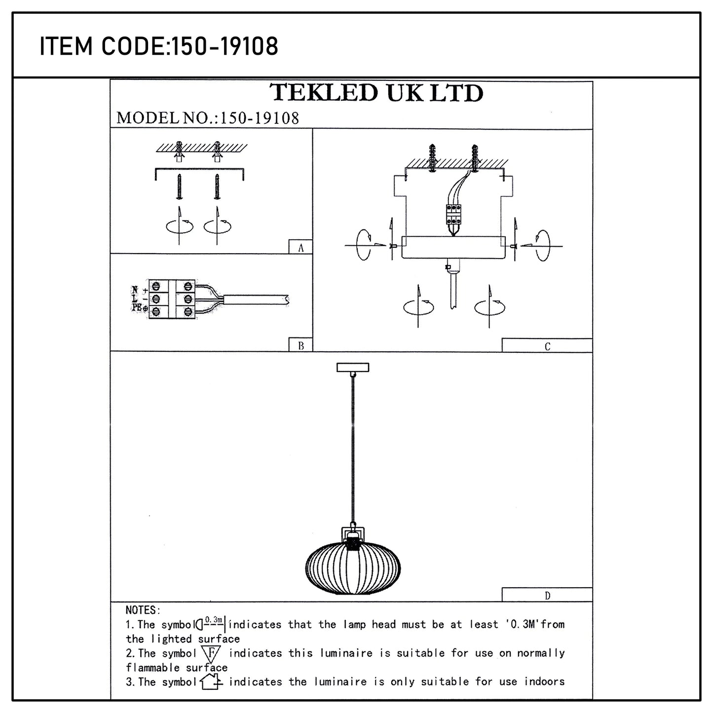 Technical drawing of a TEKLED UK LTD pendant light, showing dimensions, fittings, and safety information. Model number: 150-19108.