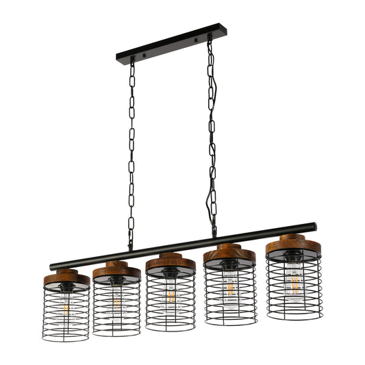 Промышленный потолочный светильник - Прямоугольная линейная люстра на 5 плафонов с деревянными акцентами