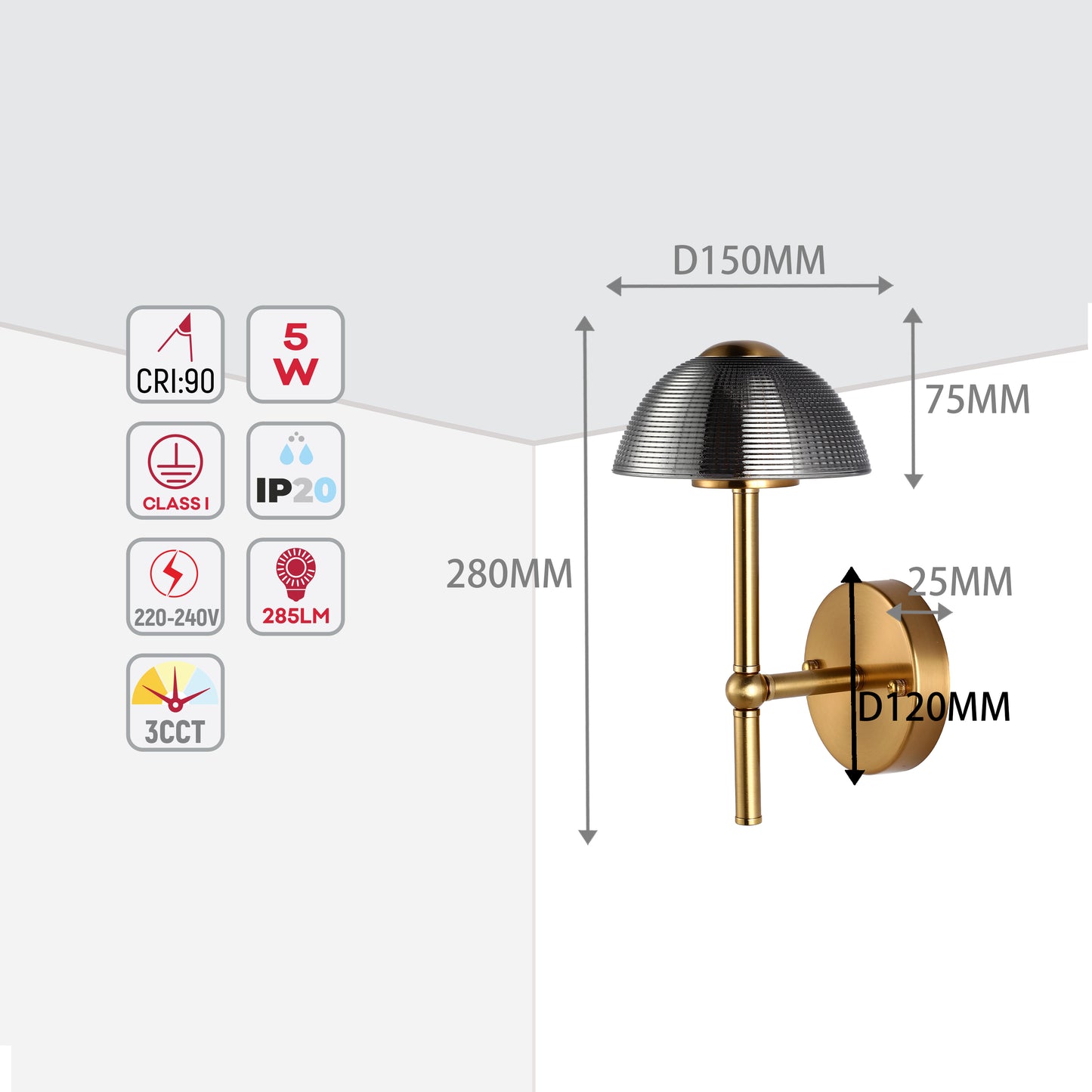 Бронзовый настенный LED-светильник 6565-B — дымчатое стекло, 5W, 3CCT