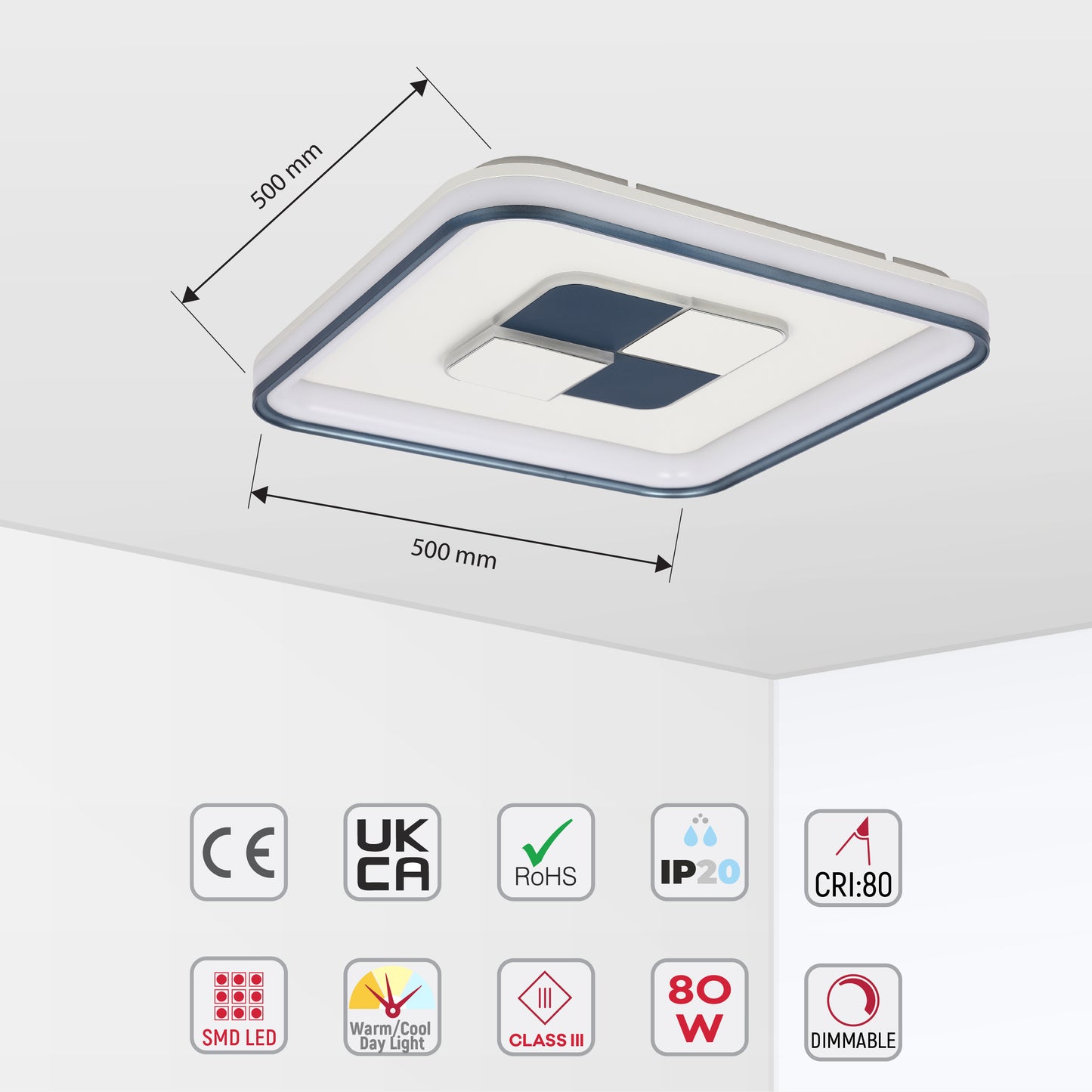 Светодиодный светильник LED 80W SQUARE/ROUND, белый, 3 цвета, диммируемый