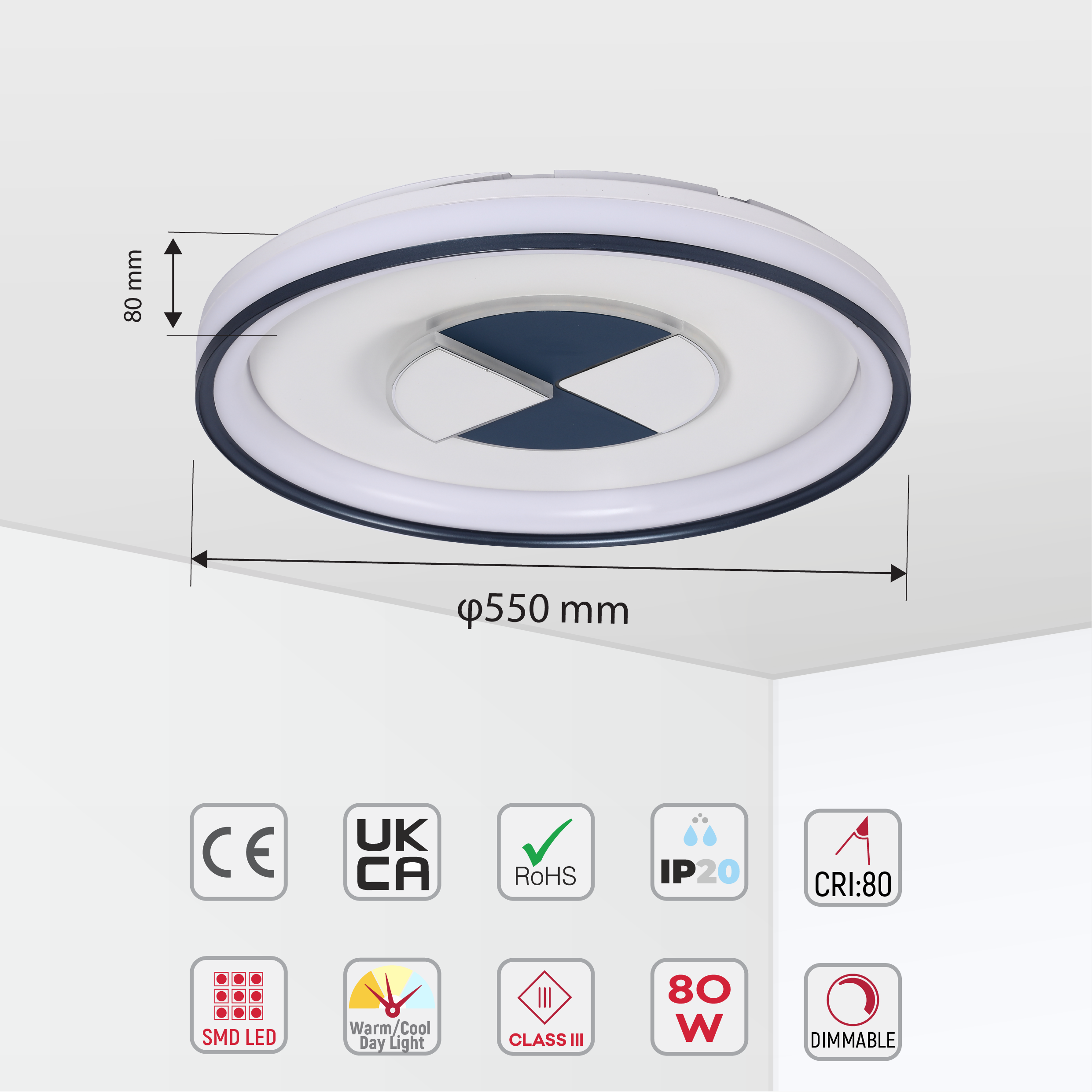 Светодиодный светильник LED 80W SQUARE/ROUND, белый, 3 цвета, диммируемый