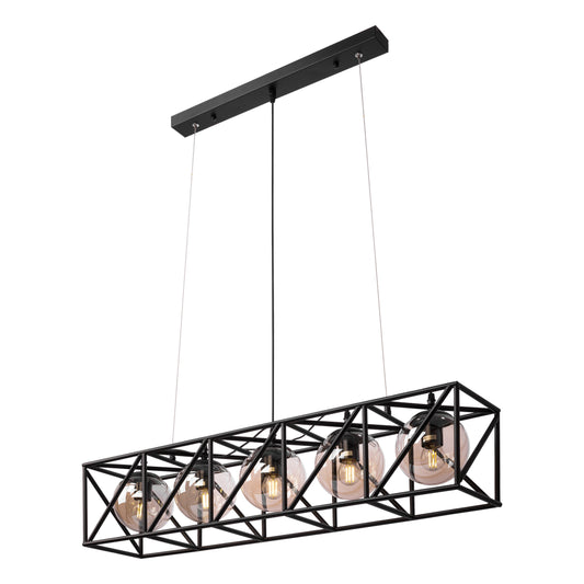 Черный кубоидный металлический абажур с янтарным стеклом, люстра на потолок 5xE27