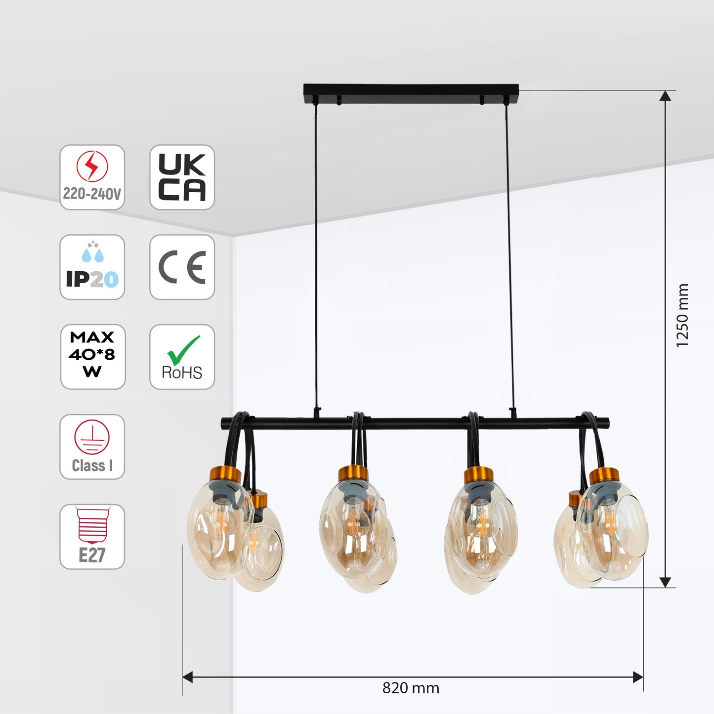 Люстра с черным металлическим каркасом и янтарным стеклом на 8 ламп E27