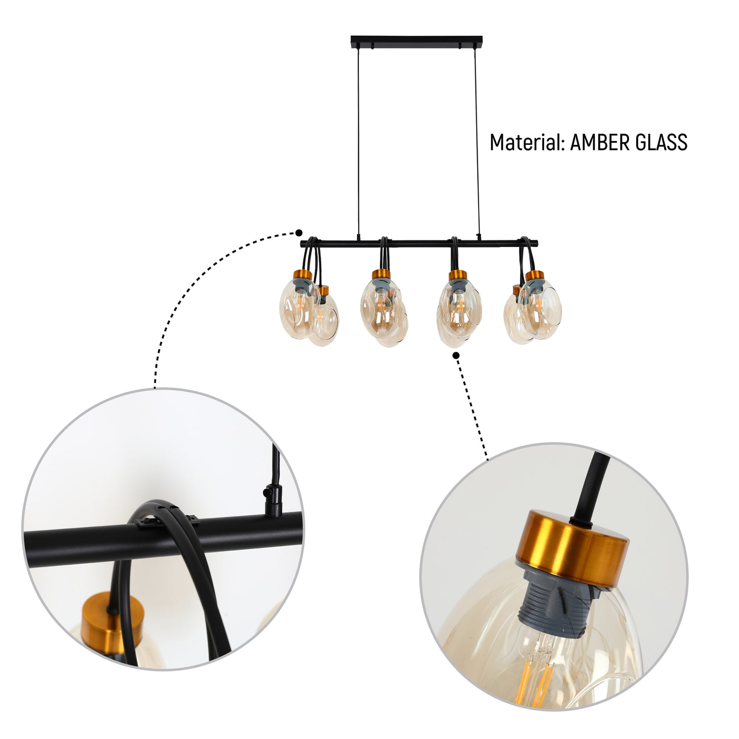 Люстра с черным металлическим каркасом и янтарным стеклом на 8 ламп E27