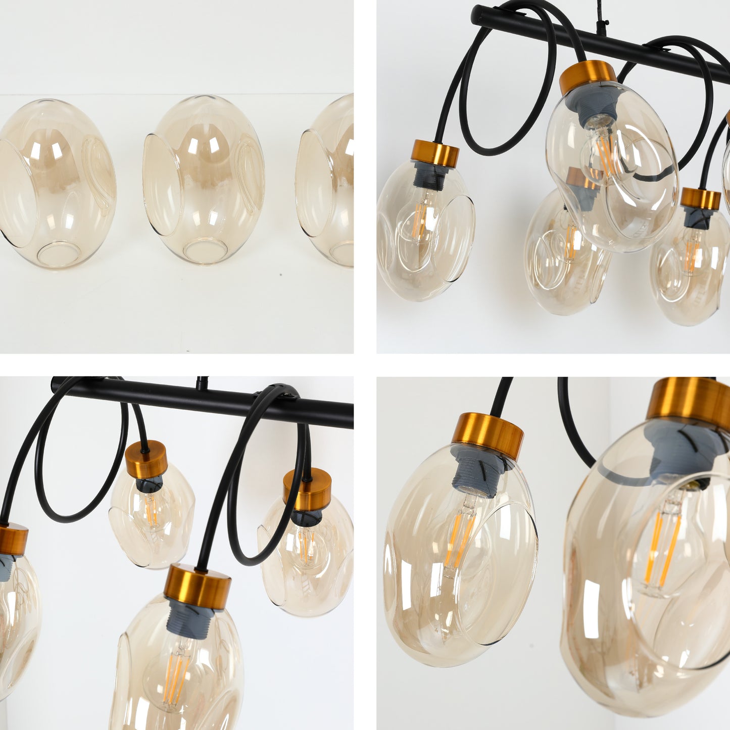 Люстра с черным металлическим каркасом и янтарным стеклом на 8 ламп E27