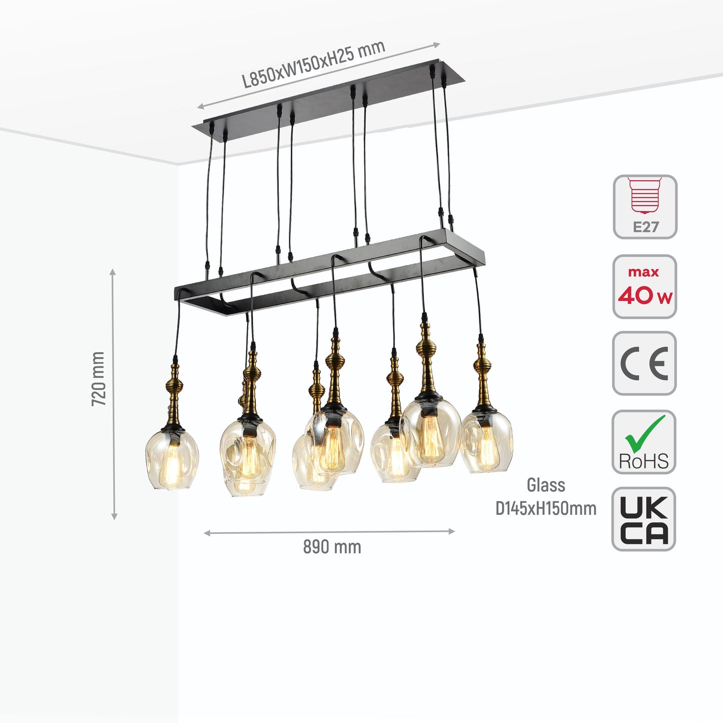 Амберный стеклянный черный металл островной потолочный светильник 8xE27