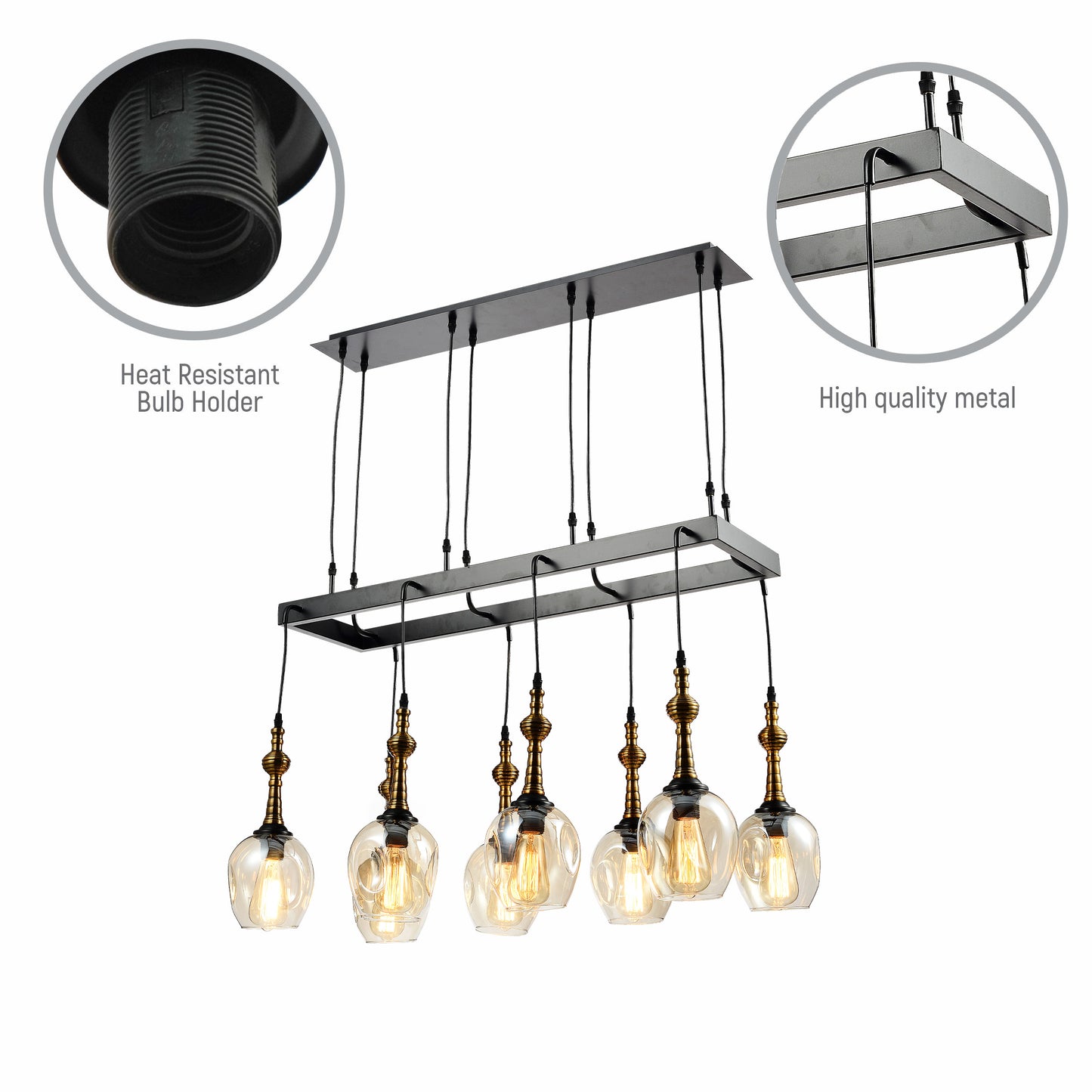 Амберный стеклянный черный металл островной потолочный светильник 8xE27