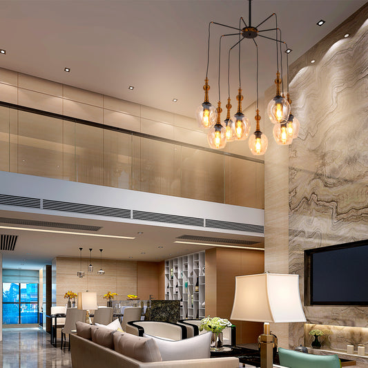 Подвесная люстра 9278-8 — Чёрный металл и янтарное стекло, 8 ламп E27