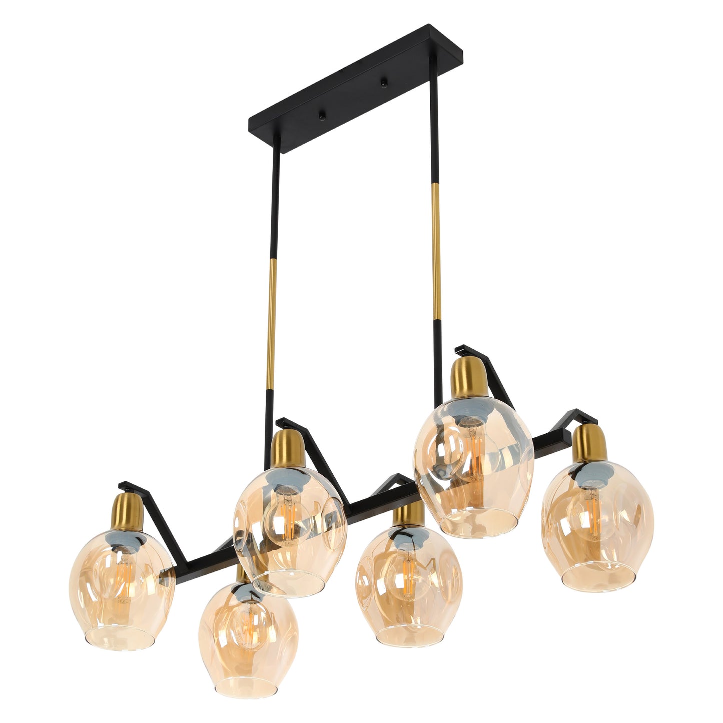 Люстра на потолок с черным золотым металлическим корпусом и янтарными конусами, 6xE27