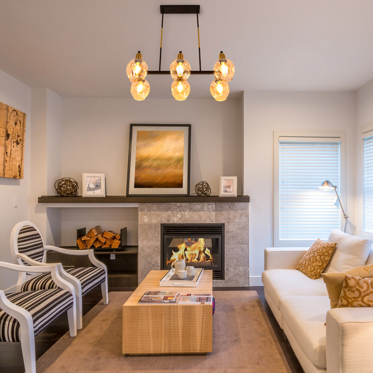 Люстра на потолок с черным золотым металлическим корпусом и янтарными конусами, 6xE27