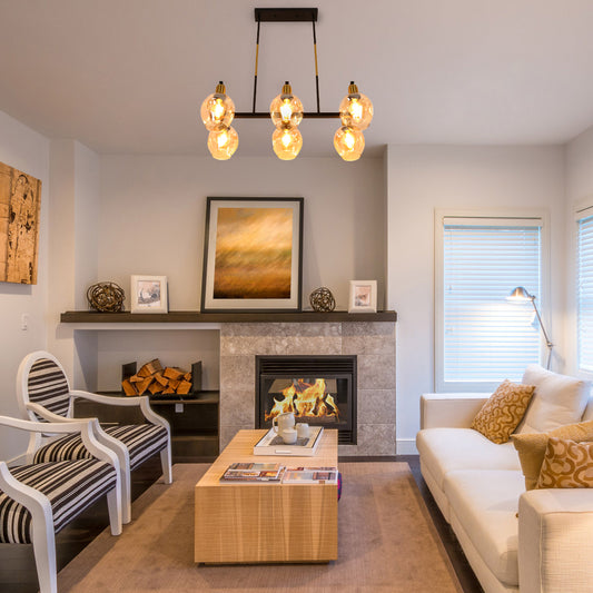 Люстра на потолок с черным золотым металлическим корпусом и янтарными конусами, 6xE27