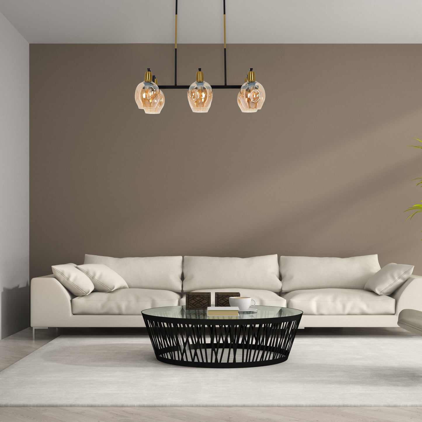 Люстра на потолок с черным золотым металлическим корпусом и янтарными конусами, 6xE27