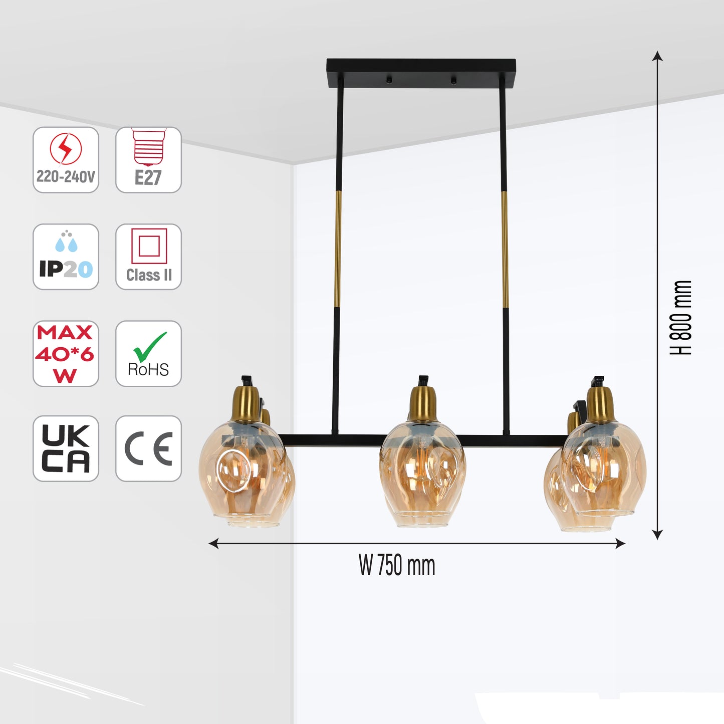 Люстра на потолок с черным золотым металлическим корпусом и янтарными конусами, 6xE27