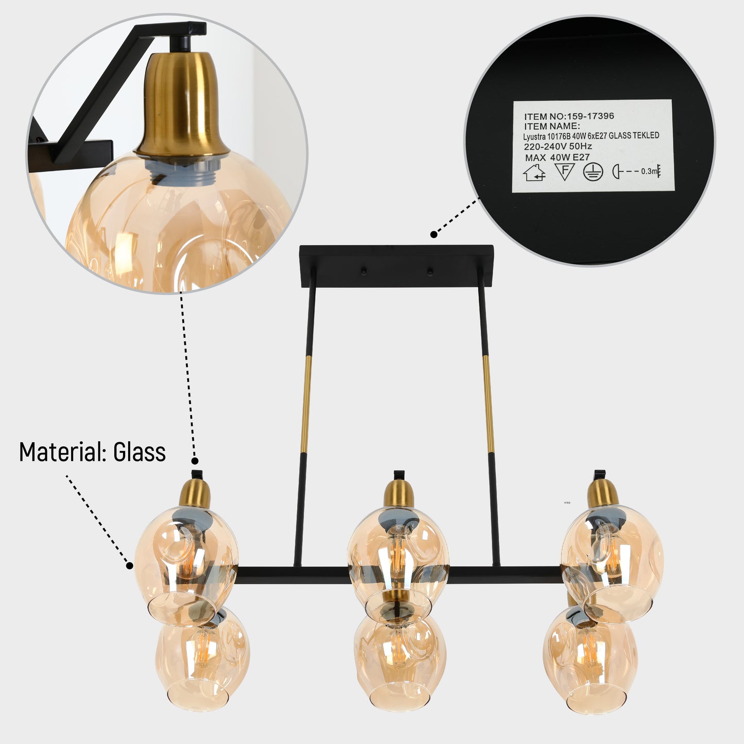 Люстра на потолок с черным золотым металлическим корпусом и янтарными конусами, 6xE27