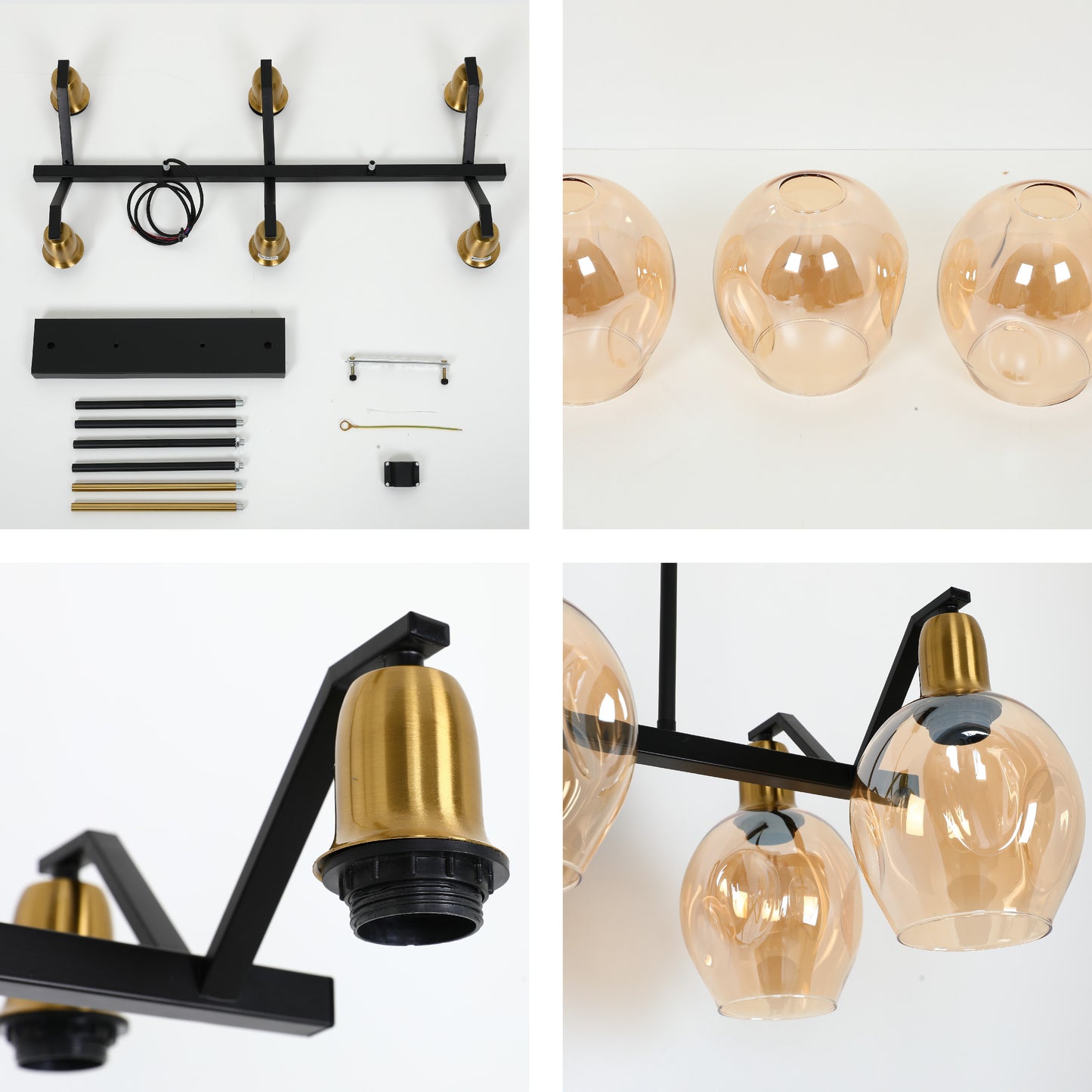 Люстра на потолок с черным золотым металлическим корпусом и янтарными конусами, 6xE27