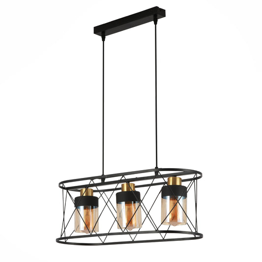 Чёрная металлическая люстра с янтарным стеклом, островной светильник на 3 лампы E27