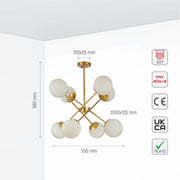 Size and specs of Gold Sputnik Metal Opal Globe Glass Modern Ceiling Light with E27 Fittings | TEKLED 159-17658