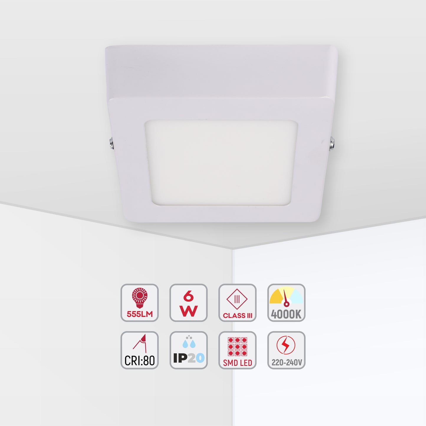 Современный светильник LED-панель квадратная — 6Вт / 18Вт / 24Вт, S/U, 4000К / 6000К