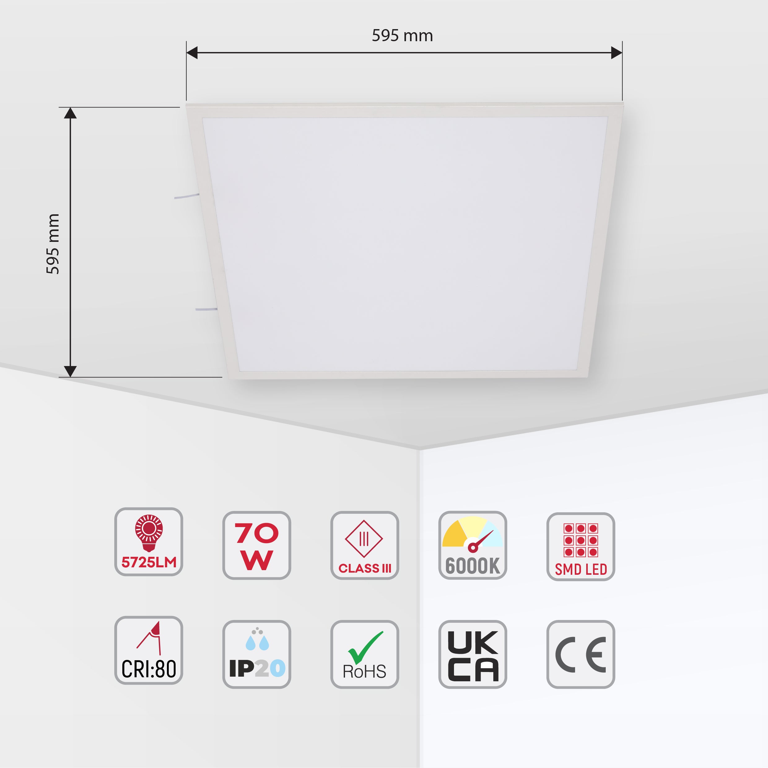 Современный светильник Backlit LED-панель — квадратная, 70W, 6000K, 595×595