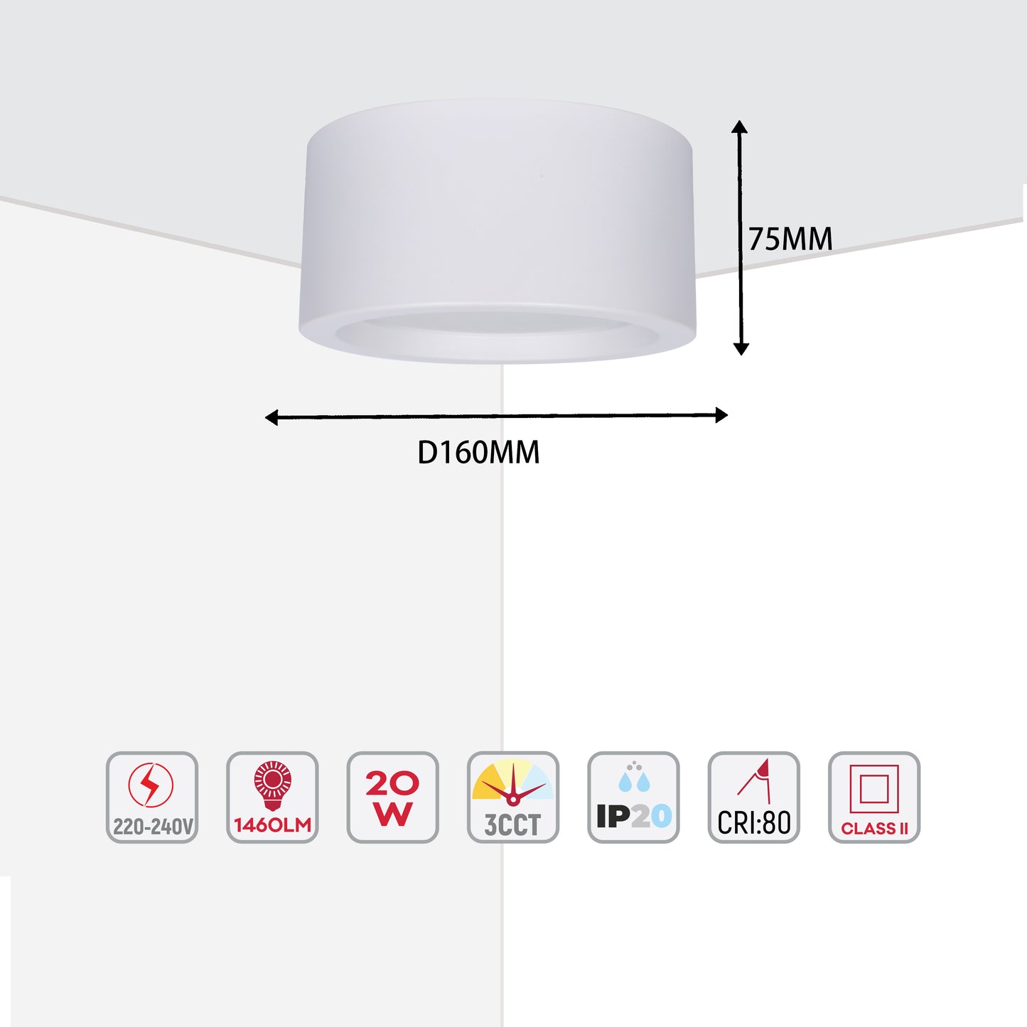 Современный светильник&nbsp; MIRA, накладной LED Downlight, 10W / 20W / 30W, 3CCT (4000K / 6000K), белый / чёрный, металлический корпус