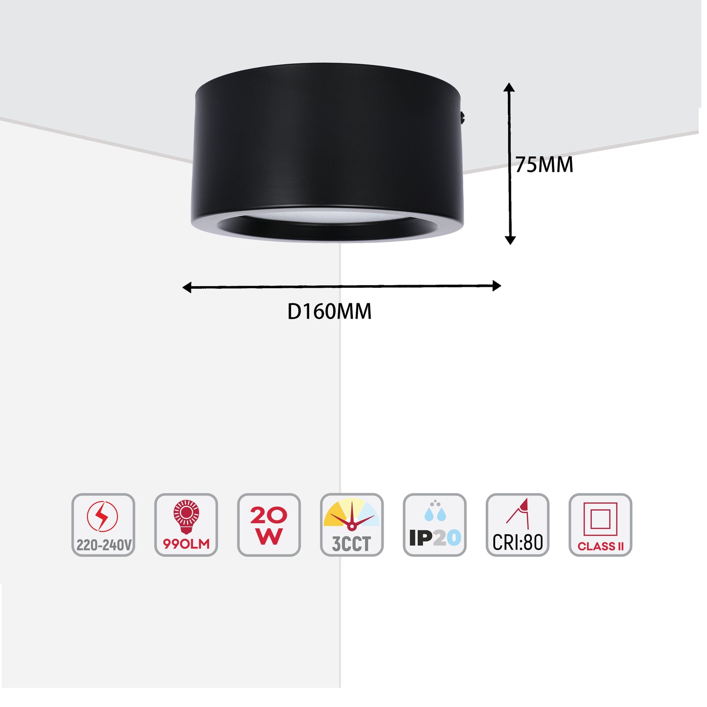 Современный светильник&nbsp; MIRA, накладной LED Downlight, 10W / 20W / 30W, 3CCT (4000K / 6000K), белый / чёрный, металлический корпус
