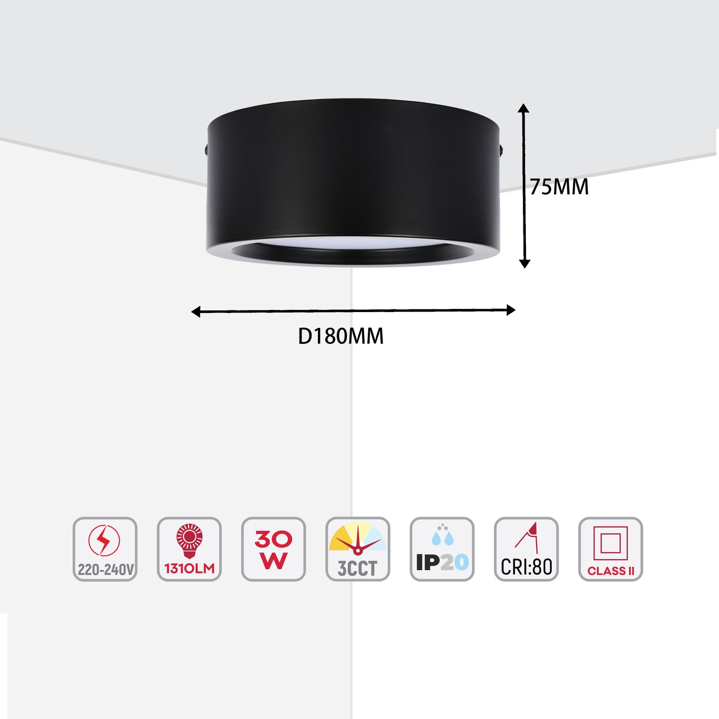 Современный светильник&nbsp; MIRA, накладной LED Downlight, 10W / 20W / 30W, 3CCT (4000K / 6000K), белый / чёрный, металлический корпус