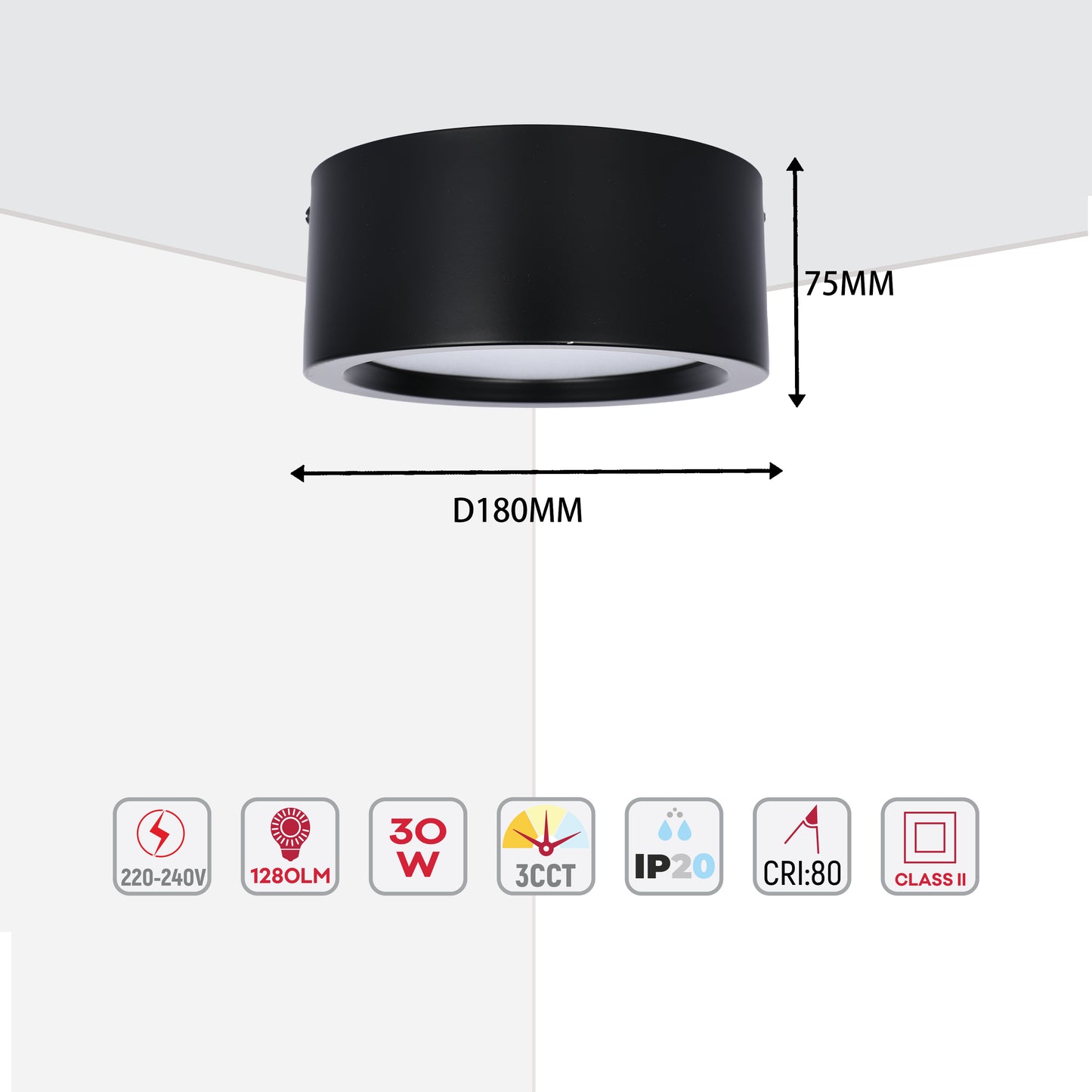 Современный светильник&nbsp; MIRA, накладной LED Downlight, 10W / 20W / 30W, 3CCT (4000K / 6000K), белый / чёрный, металлический корпус