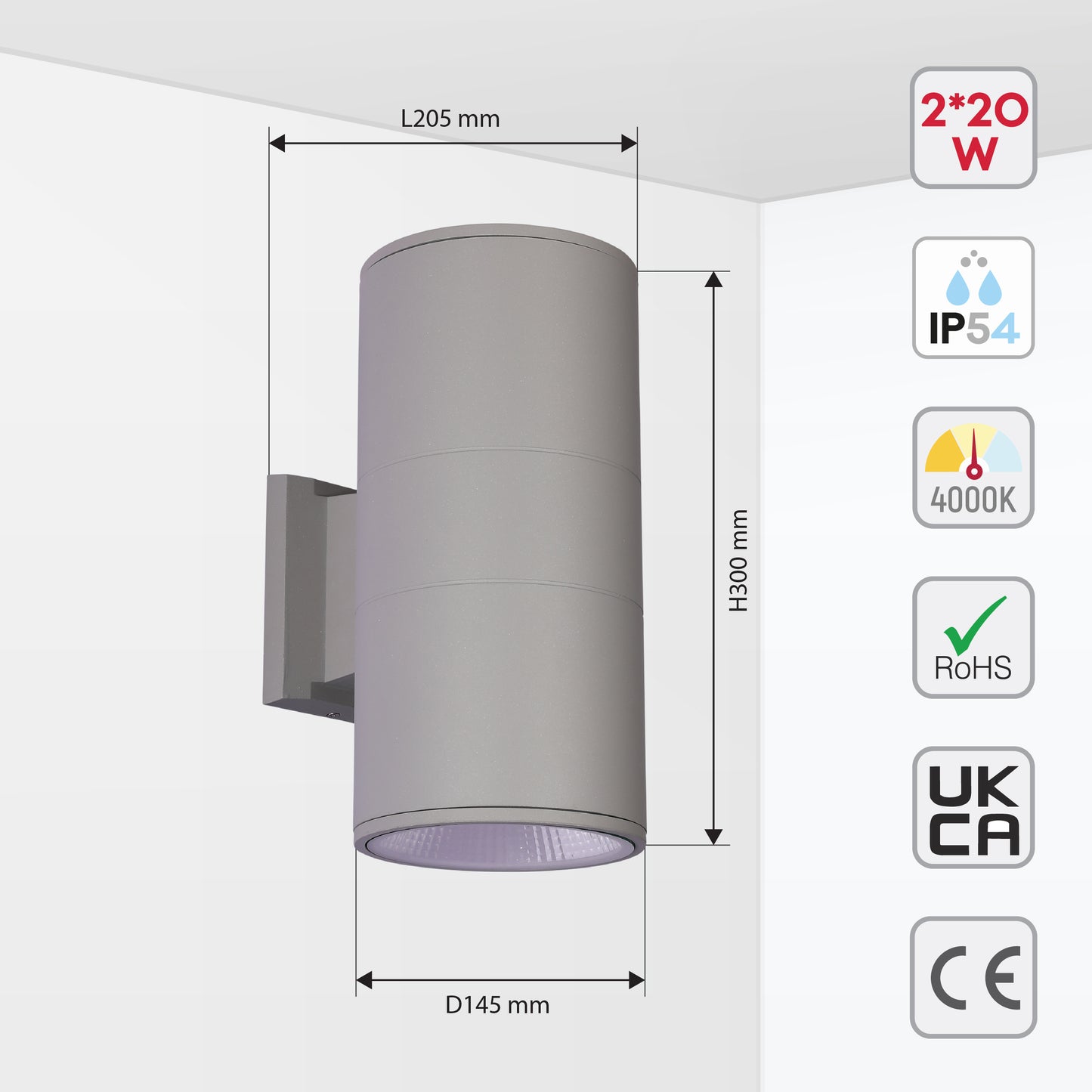 Настенный светильник LED B250-1 ECO (1×20W / 2×20W, COB, серый, 3000K / 4000K, IP54)