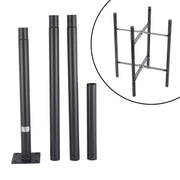 A kit of modular, black, outdoor lighting pole components and a cage-like stabilising base, displayed on a white background.