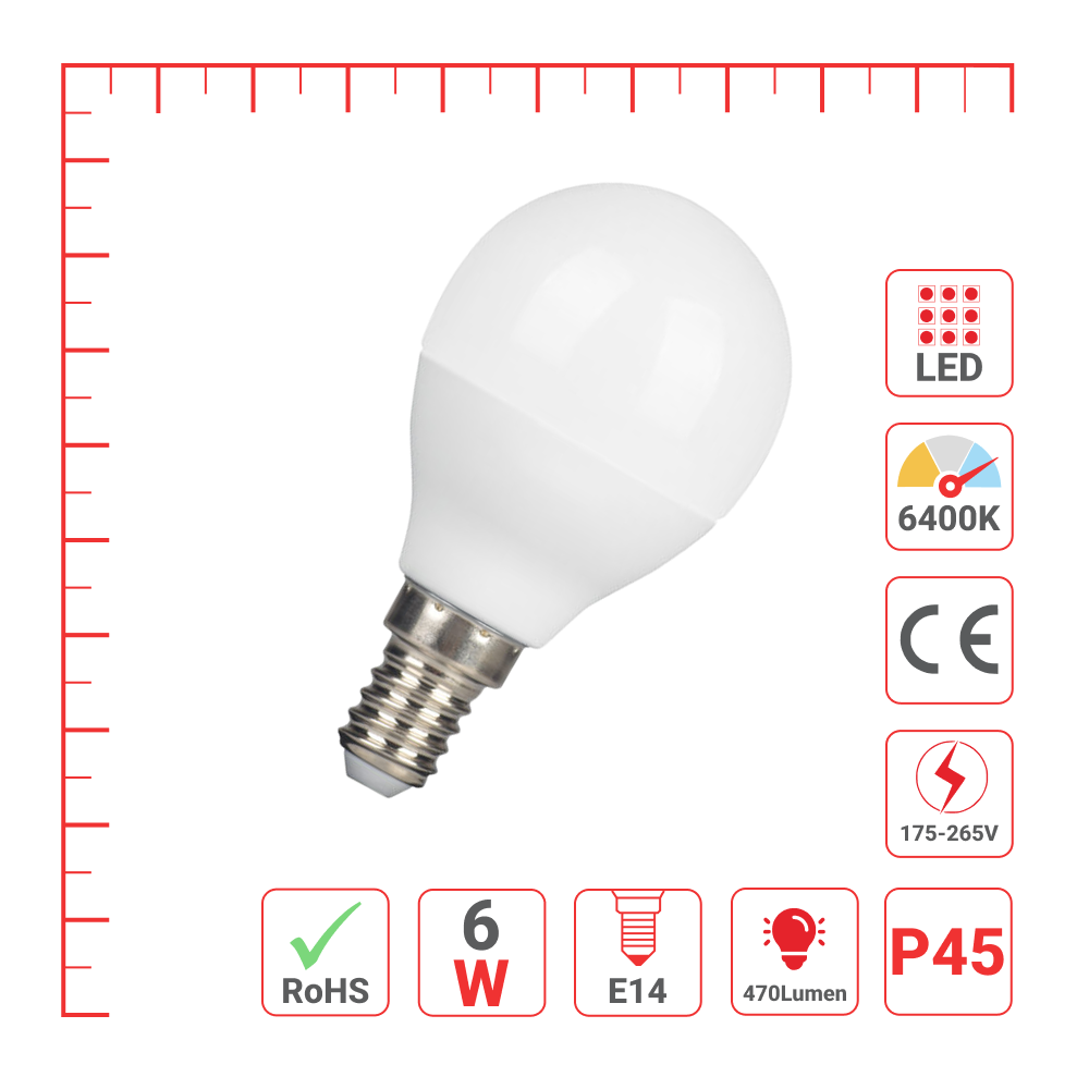 Лампа LED P45 (грибок), 6Вт, 470Лм, E14 (ECOLITE), 6400K