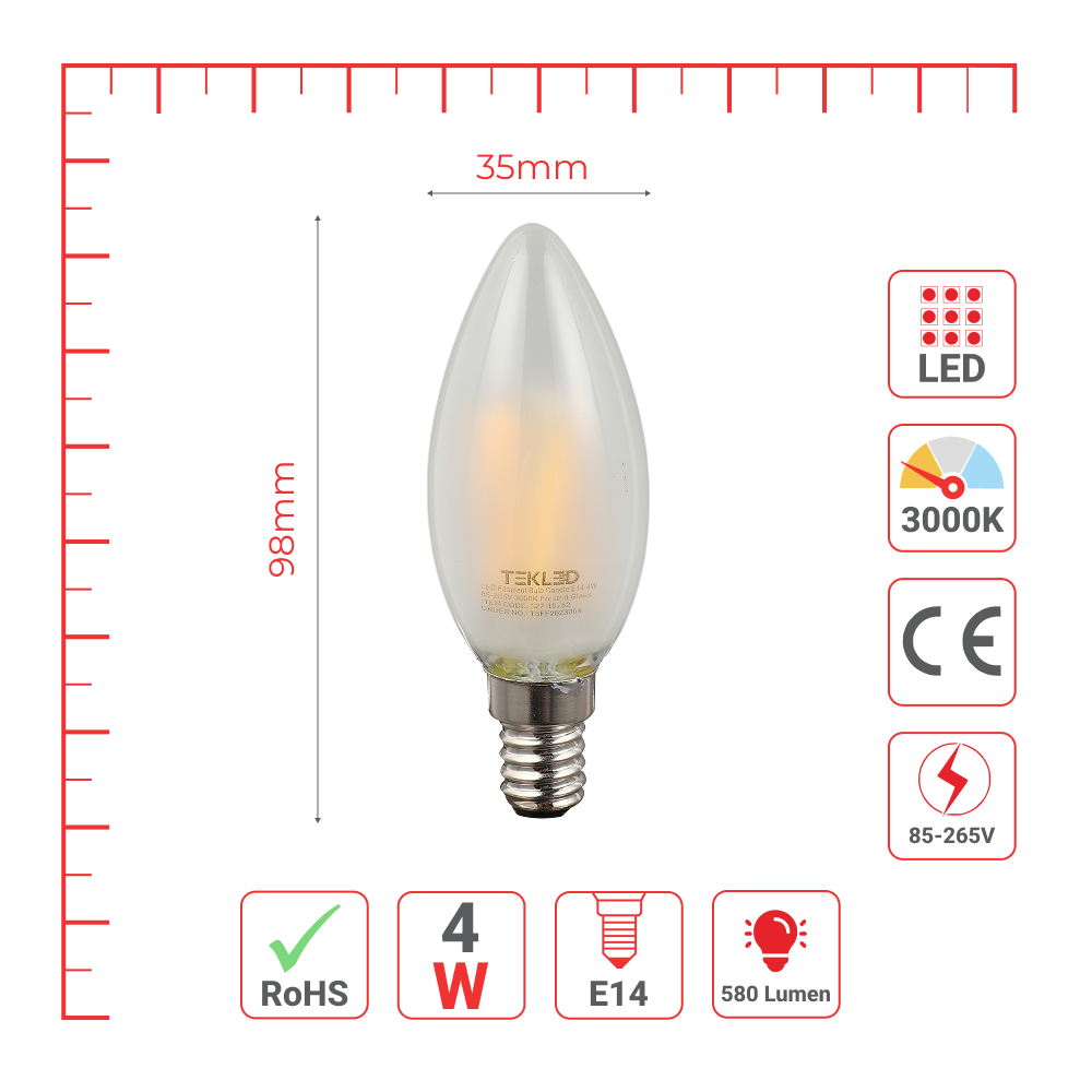 Лампа LED Filament свеча, 4Вт, E14, Матовая