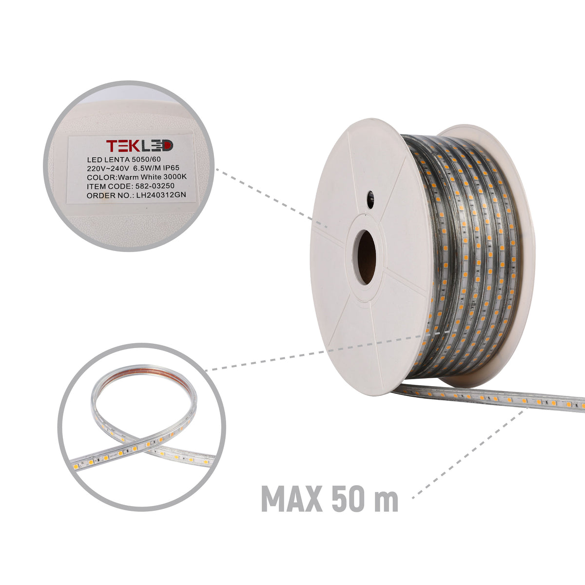 LED lentа5050/60 220V WARMWHITE 6.5W/M IP65(TT)50m
