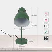 Green lamp displaying dimensions: 180mm height, 560mm top to base, 25mm base thickness, 150mm shade diameter, & 150mm base diameter.