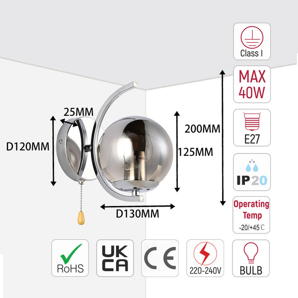 Chrome globe wall light with pull cord and technical specifications for bulb, size and safety information.