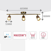 Size and technical specs of the Antique Brass GU10 Spotlight Bar-172-030623